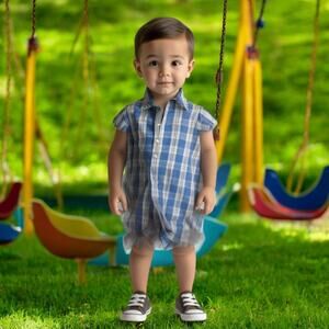 E-Land Boys Romper Size 6-12 Months Blue Plaid Button Front Down Short Sleeves